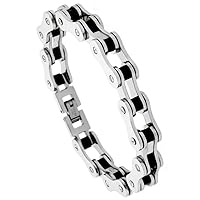 Sabrina Silver Stainless Steel Bicycle Chain Bracelet For Men Black Rubber Accent 1/2 inch wide,