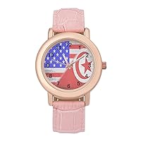 Flags of USA and Tunisia Women's PU Leather Strap Watch Fashion Wristwatches Dress Watch for Home Work
