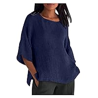 Ceboyel Cotton Linen Tops for Women 3/4 Sleeve Crewneck Tunic Blouses Dressy Causal Gauze Shirts Ladies Summer Clothing 2023