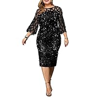 Sequin Dress for Women Plus Size Party Prom Dresses for Nightclub Fashion Sparkle Midi Dress Sexy Long Sleeve Skirt (Color : Black)