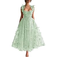 Basgute Tulle Tea Length Prom Dresses for Teens 3D Butterfly Lace Applique A Line Formal Evening Party Gown for Women