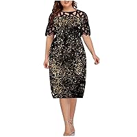 Cocktail Dresses for Women Plus Size Fashionable Sequin Glitter Short Sleeve Dress Stretch Fit and Flare Dresses