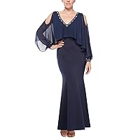 S.L. Fashions Women's Cape Beaded V-Neck and Cuffs Cold Shoulder Long Gown