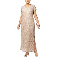 Connected Apparel Womens Pink Slitted Sequined Pullover Lined Lace Boning Sheer Floral Short Sleeve V Neck Full-Length Evening Gown Dress Plus 18W