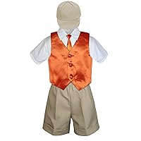5pc Baby Toddler Boys Khaki Shorts Hat Orange Necktie Vest Suits Set (4T)