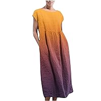 Women's Maxi Pockets Linen Dress Summer Casual Sundress Sleeveless Gradient Kaftan Long Dresses Hawaiian Beach Dress