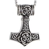 Punk Mens Stainless Steel Vintage Thors Hammer with Rose Flower Pendant Necklace, 23.5 Inch Box Chain (Rose Thor Hammer)