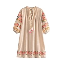 Women Linen CottonEmbroidery Dress V-Neck Bohemian Mini Dresses Pullover Beach Dress