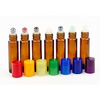 CHAKRA HEALING SET of Natural Gemstone Roller Balls, in Amber Glass 10ml Glass Roller Bottles with Chakra Colored Caps for Easy Identification