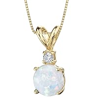 PEORA 14K Yellow Gold Created White Opal with Genuine Diamond Pendant, Elegant Solitaire, Round Shape, 6.50mm