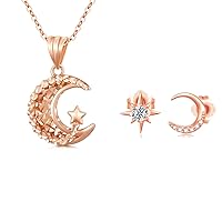 18k Rose Gold Moon Necklace and 14k Rose Gold Moon Star Earrings Set for Women