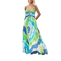 Women's Spaghetti Strap Dresses Deep V Neck A Line Maxi Sundress Sexy Tie-Dye Strappy Beach Floral Dress Clubwear