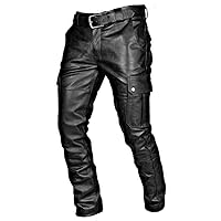 Mens Black Multi Pockets Genuine Leather Biker Pants/Biker Hose & Cargo Pockets Trousers