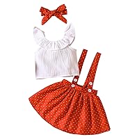 Cute Kid Outfits Baby 3PCS Set Clothes with Hairband Toddler Solid Ruffle Sleeveless Tops and Dot Pattern Suspender