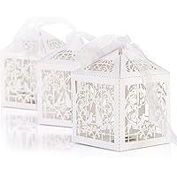 Naler 50pcs Laser Cut Wedding Gift Box Ribbon Candy Boxes Gift Box for Wedding Party Favor Table Decorations, White