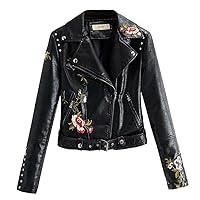 GMOIUJ Autumn Fashion Women's Embroidered Leather Jacket with Belt Rivet Motorcycle Jacket Zipper