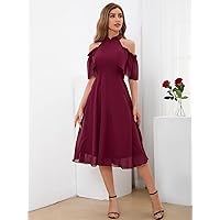 Women's Dresses Cold Shoulder Frill Trim Chiffon Dress Dress for Women (Color : Burgundy, Size : X-Large)