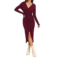 Hount Women's 2023 Fall V Neck Long Sleeve Sweater Dress Casual Ribbed Knit Bodycon Midi Cocktail Dress with Slit