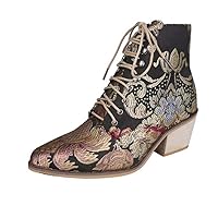 Gets Womens Vintage Floral Embroidered Block Heel Cowboy Boots Heighten Ankle Booties
