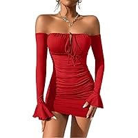 Fall Dresses for Women 2023 Off Shoulder Knot Front Ruched Bodycon Dress Dresses for Women (Color : Red, Size : XX-Small)