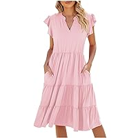 2024 Fashion Clearance Women V Neck Summer Dresses Classy A-Line Ruffle Sundress Cap Sleeve Casual Midi Dress 2024 Vacation Sundresses Cruise Wear for Women Pink