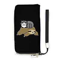 Sloth and Raccoon Wristlet Wallet Leather Long Card Holder Purse Slim Clutch Handbag for Women