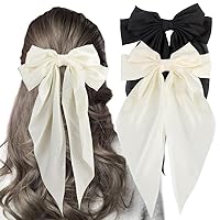 HairBow, 2Pcs White & Black Silky Satin Hair Bow, Large Big Hair Clips for Women