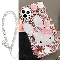 Victor for iPhone 15 14 13 12 11 KT Cute Cat Phone Case,Women Girls 3D Bling Glitter Rhinestone Handmade Cover Silicone Shell with Short Pearl Lanyard (Pink, for iPhone 12)
