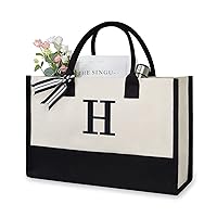 TOPDesign Embroidery Initial Canvas Tote Bag, Personalized Present Bag, Suitable for Wedding, Birthday, Beach, Holiday, is a Great Gift for Women, Mom, Teachers, Friends, Bridesmaids (Letter H)