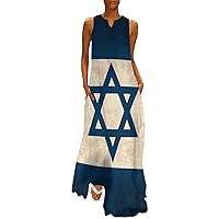 Vintage Israel Flag Ankle Long Maxi Dress for Women Sleeveless Summer with Pockets