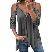 Summer T-Shirts for Women 2024 Lace 3/4 Sleeve Cold Shoulder Tops Loose Solid Color Blouse Casual V Neck Shirts with Zipper