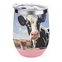 Moo Cow and Milk 12 Oz Wine Tumbler with Lid Double Wall Travel Mugs Stainless Steel Wine Glasses for Cold & Hot Drinks