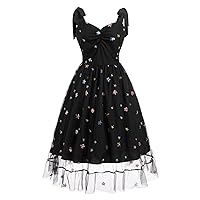Women Tie Shoulder Vintage A-line Embroidery Tulle Dress Cocktail Party Bridesmaid Wedding Guest