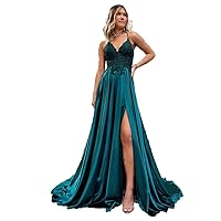 Deep V Neck Royal Blue Evening Dresses 2024 Satin Long Front Slit Sexy Prom Gown