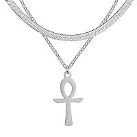 Women Dainty Layered Ankh Cross Necklace,Stainless Steel Large Ankh Cross Pendant Ancient Egyptian Necklace Cross Chain Plus Herringbone Chain Anniversary Birthday School Season Gifts for Women Girls