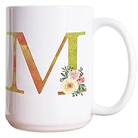 Monogram Letter M Funny Coffee Mug Watercolor Golden Letter Rose Flower Coffee Cup 15oz Novelty Coffee Mugs Name Initial Friendship Gift For Coffee Tea Hot Chocolate Milk