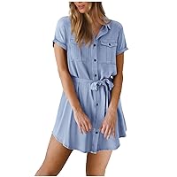 Womens Thin Denim Shirt Dress Button Down Lapel Jean Dress Summer Short Sleeve Belted Casual Lightweight Mini Dress