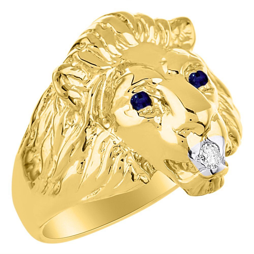 Lion Head Ring Yellow Gold Plated Silver Genuine Diamond in Mouth & Gorgeous Precious Color Stone Birthstone in Eyes #1 in Mens Jewelry Me'ns Ring Amazing Conversation Starter Sizes 6,7,8,9,10,11,12,13