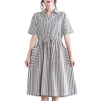 chouyatou Women's Vintage Striped Short Sleeve Drawstring Waist Cotton Linen Midi Long Dress with Pockets