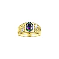 Men's Rings Designer Nugget Ring: Oval 9X7MM Gemstone & Sparkling Diamonds - Color Stone Birthstone Rings for Men, Yellow Gold Plated Silver Rings in Sizes 8-13. Mens Jewelry