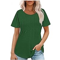 Women's Summer Casual Tops Summer Short Sleeve T-Shirts Round Neck Pleated Flowy Trendy Tunic Tops for Leggings