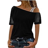 Women One Shoulder Beaded Mesh Short Sleeve Tops Summer Fashion Sequin Strap Casual Loose Fit Solid Color Blouses