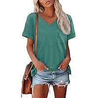 2024 Summer Womens T Shirts Short Sleeve V Neck Solid Color Shirts Cute Fit Summer Casual Tee Tops