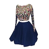 Colorful Flower Floral Embroidery A line Two Pieces Short Homecoming Prom Cocktail Dress with Long Sleeves 2024