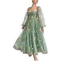 Women's Puffy Sleeve Prom Dresses Flower Embroidery Tulle A-line Formal Evening Party Gowns