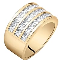 14K Yellow Gold Plated Mens 3-Row Simulated Diamond Princess Cut Ring, D-E Color VS Clarity, Sizes 10-14