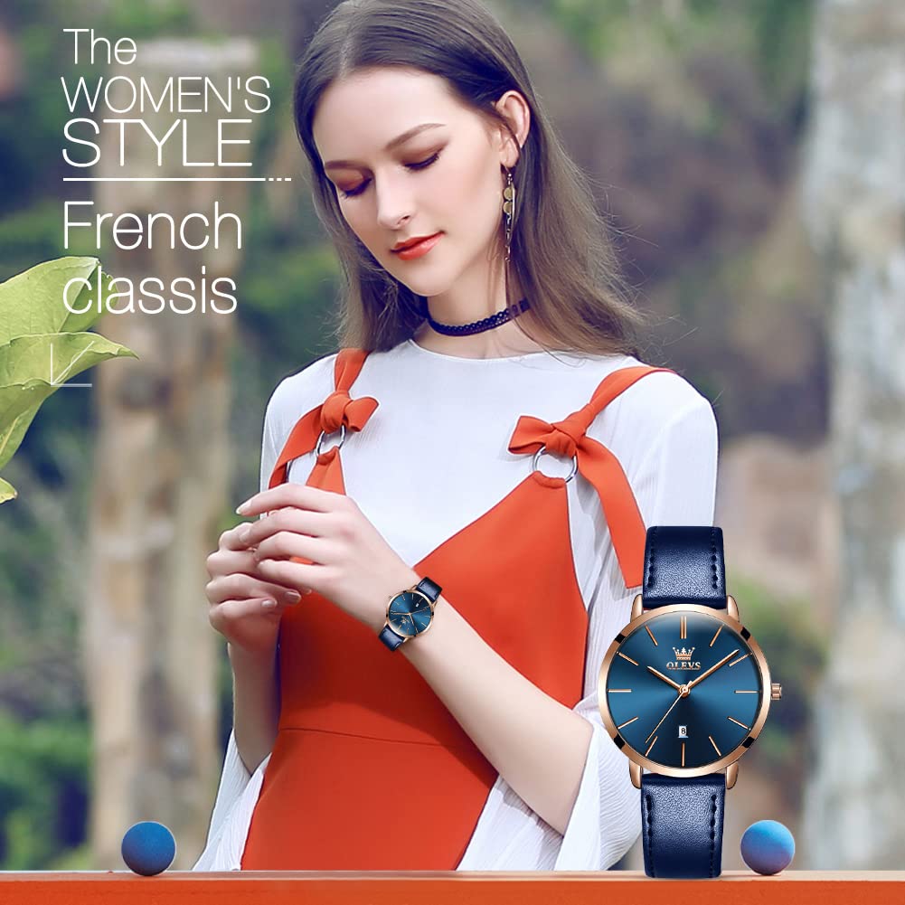 OLEVS Women Wrist Watches Ultra Thin 6.5mm Minimalist Dress Fashion Quartz Waterproof Date Day Leather Strap Slim Watches for Ladies