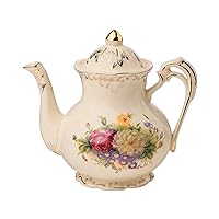 YOLIFE Flowering Shrubs Teapot, 29 oz (3 Cup) Ceramic Tea Pot, Ivory Vintage Floral with Gold leaves Trim, Gift for Women
