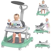 Baby Walker, Foldable Baby Walker with Wheels & LED Light, Height Adjustable and Adjustable Speed Walker for Babies, Baby Walkers for Babies 6–12 Months Boys Girls with Footrest, Push Rod (Green)