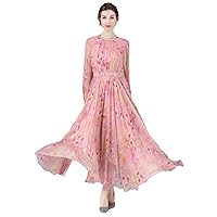 Women's Spring Real Silk Dress,Long Sleeve Floral Maxi Dress